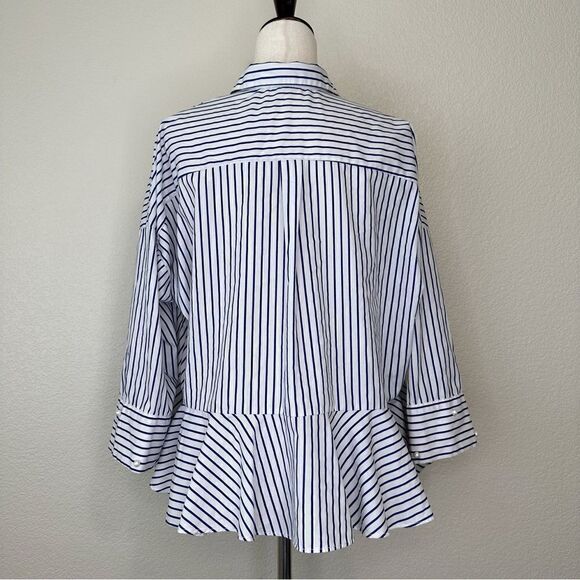 Zara Basic Collection Blue White Striped High-Low Button Down Shirt - Picture 8 of 13